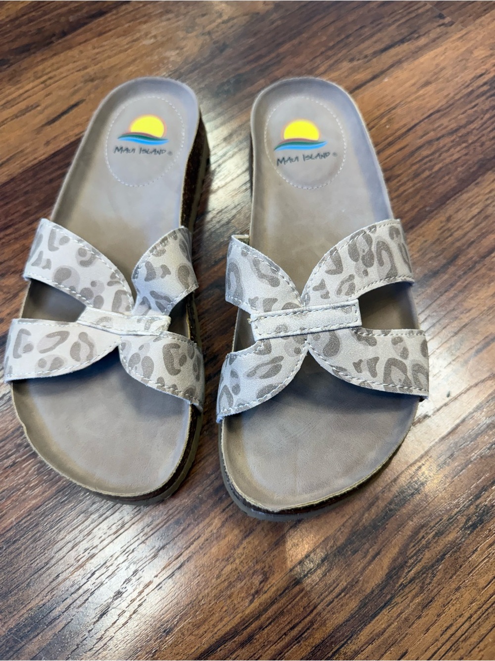 Maui Island Women's Beige Leopard Print Slip-On Sandals
